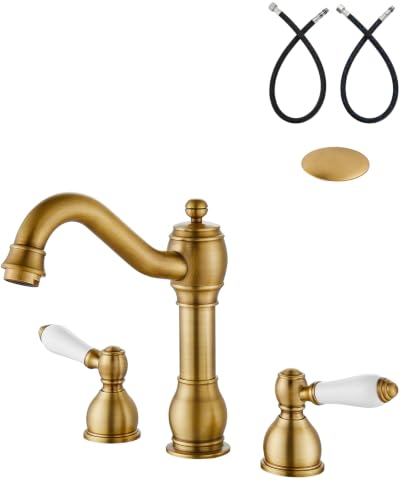 Aolemi Widespread Bathroom Sink Faucet 3 Hole White Lever Antique Brass