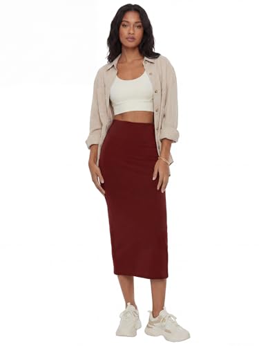 Image of Rooscier Women's High Waisted Pencil Midi Skirt | Stretchy Bodycon Knee Length Skirts with Back Slit
