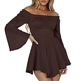 Lässiges Schulterfreies Kleid mit Volantsaum, fließendes Midikleid floralem Muster im Inselstil(Kaffee,3XL)