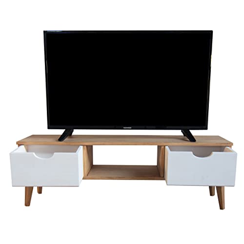 LoMasCasa - Kira Collection TV Cabinet with Two Drawers Made of Solid Pine Wood in Modern Style Measures 120 x 30 x 41.5 cm (Kira: All in Wood White Drawers)