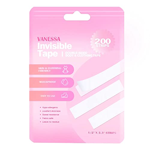 VANESSA Double-Sided Fashion Tape - Invisible Tape for Clothes & Skin, Clear Tape for Women Clothing and Body All Day Strength Tape Adhesive, 200 Strips