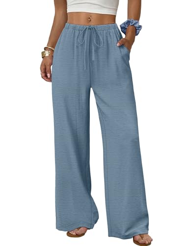 Sampeel Flowy Pants for Women Casual Linen Drawstring Elastic Waist Pants Summer Clothes Beach Pant Petite Fashion Clothing Cruise Outfits 2026 Resort Wear Blue S