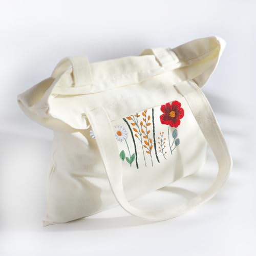 Image of Huacan Embroidery Canvas Bag Kits for Adults Beginner Stamped Flowers Pattern DIY Cross Stitch Printed Flower Stitching Sewing Kit
