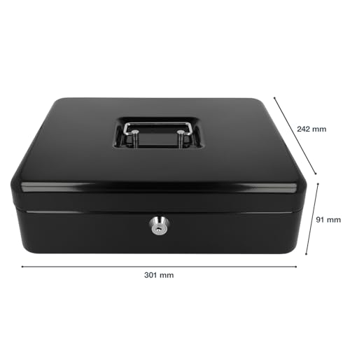 Westcott Geldkassette abschließbar (groß, 30 cm) Schwarz | Abschließbare Box aus Stahlblech mit 2 Schlüsseln | Herausnehmbare Einlage für Münzen mit 5 Fächern | E-51002 BLACK