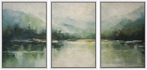 wall26 Framed Canvas Print Wall Art Set Emerald Green Watercolor Mountain Range Forest Nature Wilderness Illustrations Modern Art Decorative Rustic Relax/Calm Colorful for Bedroom - 16"x24"x3 White