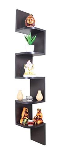 Image of Madhuran Enginreed Wood Wall Mounted Zig Zag Corner Shelf Tiers 5 (Matte, Wenge) / Home Decor Items Living Room Bedroom Office Multipurpose Storage Organizer Rack Shelves