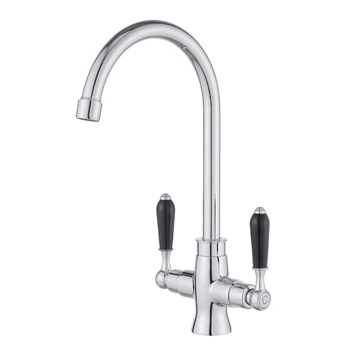 Heable Kitchen Sink Mixer Tap Elegant Black Ceramic Dual Lever Monobloc Swivel Spout Chrome Kitchen Taps with UK Standard Fittings