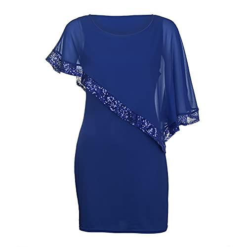 Women Plus Size Lace Solid Color Black Sequin Chiffon Off Shoulder Round Neck Short Sleeve Hollow Summer Irregular Asymmetric Fashion Casual Classic Slim Party Dresses(Blue，Medium) #TOP1