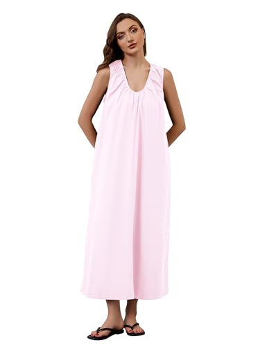Image of OLAPTA Women Summer Sleeveless Maxi Dress Scoop Neck Ruched Loose Fit Casual Elegant Solid Vacation Long Dress with Pockets