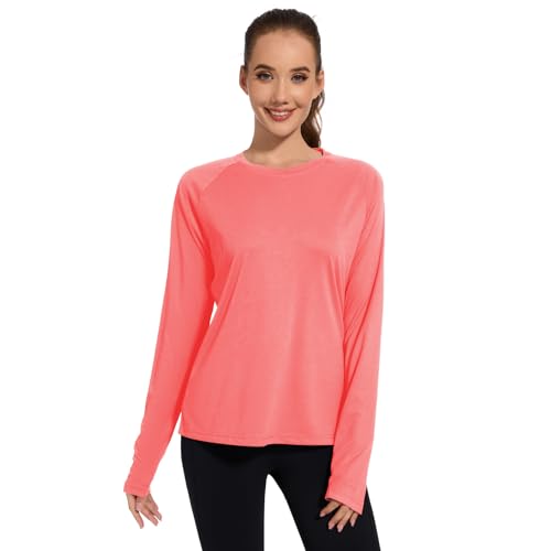 QBK Camiseta de neón de manga larga para mujer, protección solar UPF 50+ para senderismo, pesca, entrenamiento, protección contra erupciones y deportes atléticos, Rosa claro, XS