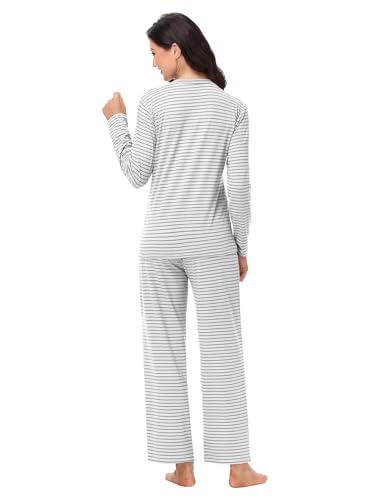 Kinglaman 3 Pack Women\'s Pajama Set Long Sleeve Top and Pants Comfy Lounge Sleepwear Set Soft Loungewear Pjs with Pockets 1 Black 1 White & Gray 1 Pink & Gray Large
