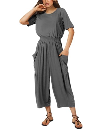 Fiona Jolin Jumpsuits for Women Casual Summer Short Sleeve Wide Leg Jumpers Long Rompers with Pockets (DarkGrey-S)