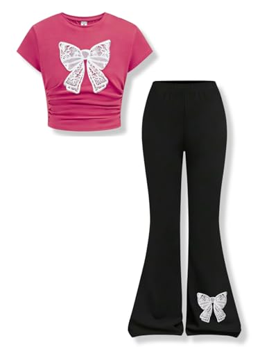 Image of Girls Clothes 2 Piece Short Sleeve Lace Bow Print Tops Flared Pants Set Little Girl Outfits Size 7-14