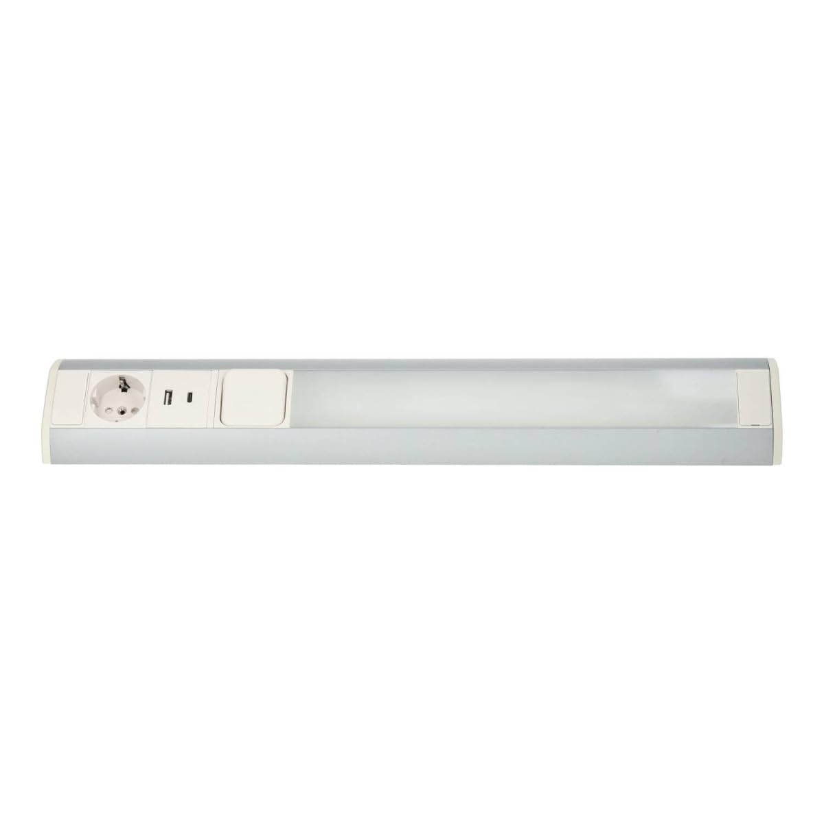 Barra LED Bajo Mueble Cocina con Enchufe Schuko y USB A+C, Regleta LED Bajo Mueble 9W, Barra LED 900lm, Regleta Enchufes para Cocina, Taller, 52 cm, Plata