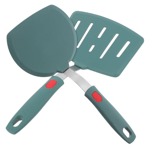 HOLIDYOYO 2Pcs Silicone Cooking Turner Spatulas Set – Wide Slotted Fish Turner Large Solid Omelette Spatula – Food Grade Green Silicone for Nonstick Frying Pans and Skillets