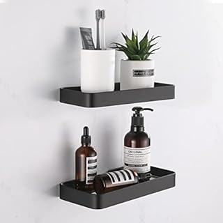 HANFU Shower Shelf No Drilling 2 Pack, Aluminum Self Adhesive Bathroom Shelves with Glass Movable, 25 cm/9.8 in Shower Storage Caddy of Wall Mount Rustproof Organiser for Dorm Toilet Kitchen, Black
