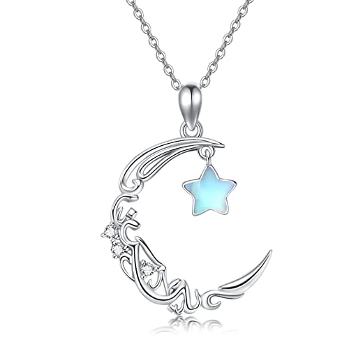 Twoowl Moon Necklace For Women 925 Sterling Silver Crescent Star Pendant Necklace Moonstone Star Moon Jewelry Gift For Women Girls Birthday Christmas #TOP26