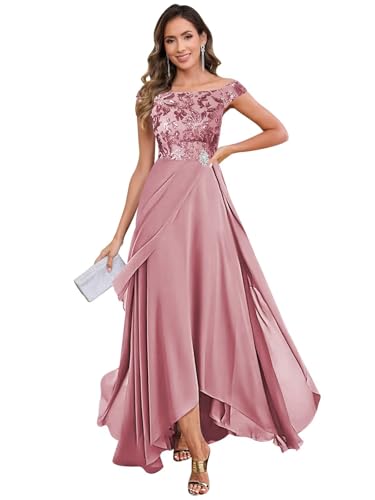 BONOYUER Sequin Mother of The Bride Dresses for Women Off The Shoulder High Low Chiffon Wedding Guest Dress