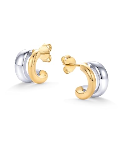 PAVOI 14K Gold Plated and Rhodium Plated Two Tone Multihoop Double Hoop Geometric Earrings for Women | Mixed Metals Huggie Multi Earring Statement Pair3