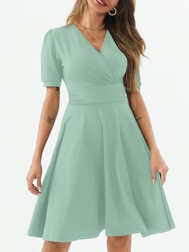 Image of Women's Summer Casual Dress Short Sleeve Wrap V-Neck A-Line Dress Sundress Wedding Guest Cocktail Midi Dresses