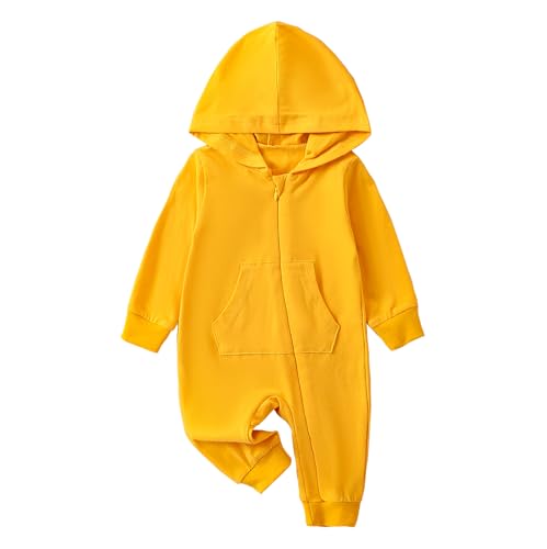 Image of Lefyira Zipper Jumpsuit Baby Boy Zip Up Hoodie Romper Solid Color Hooded Coat Long Sleeve Infant Girl Fall Winter Clothes(Yellow,0-3 Months)