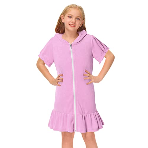 Kids Girls 𝗧erry Cover Up Zip-Up Hoodie Bathrobe with Pockets Short Sleeve Casual Beach Pool Swimsuit Plain Dresses