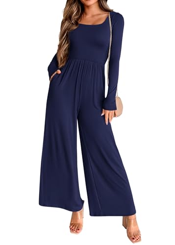 KIRUNDO Long Sleeve Jumpsuit for Women 2025 Summer Fall Fashion Lightweight One Piece Square Neck Wide Leg Romper Pockets