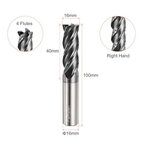 Image of HARFINGTON Carbide Square Nose End Mill Bit 16mm Cut Dia 4 Flutes TiAlN Coated Milling Cutter for Hardened Steel Metal (16mm Shank 40mm Cut Length 100mm Long 45 Degree HRC53-55)