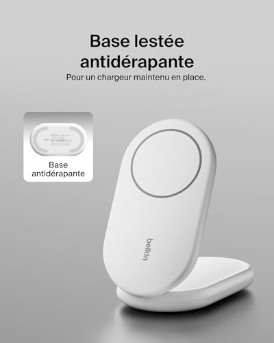 Belkin BoostCharge Socle de Recharge Qi2 (Chargeur Pliable, Compatible MagSafe, 15 W, pour modèles de l'iPhone 16, 15, 14, 13, Chargeur Compatible Standy, Adaptateur Secteur Inclus, Blanc)