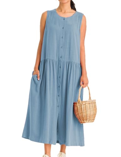 Image of Bozanly Summer Sleeveless Maxi Dress for Women Button Down Midi Dresses with Pockets Solid Color Loose Flowy Beach Dress 2025
