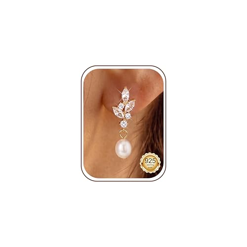 Roheafer Perles Boucles d‘Oreilles Femme Argent 925 Plaqué Or 14K Clous d‘Oreilles Perles Hypoallergénique Oreille Bijoux Cadeau Anniversaire Mariée...
