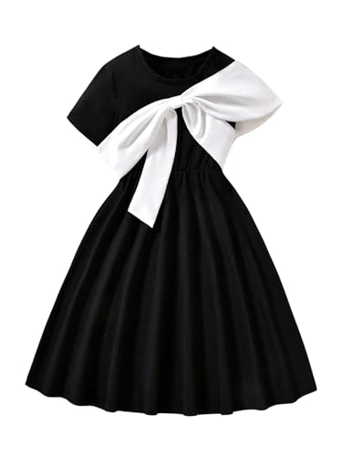 Verdusa Girl's Bowknot Color Block Midi Dress Coquette Short Sleeve Flowy A Line Sundress