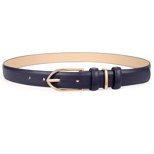 SUOSDEY Navy Women Skinny Leather Belt for Jeans Dresses with Polished Pin Buckle Thin Ladies Leather Waist Belt Width 0.9
