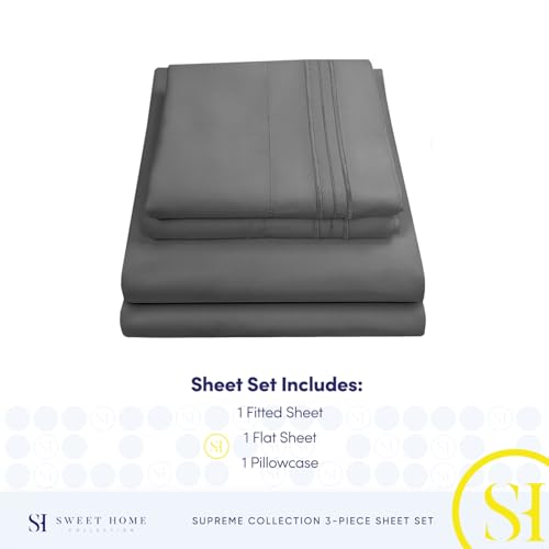 Twin XL Sheets - Breathable Luxury Sheets with Full Elastic & Secure Corner Straps Built In - 1800 Supreme Collection Extra Soft Deep Pocket Bedding Set, Sheet Set, Twin XL, Gray