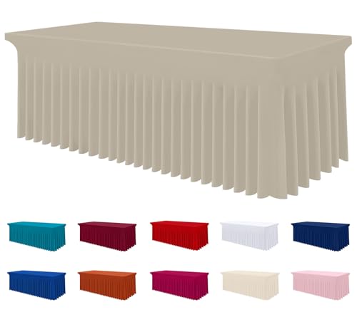 Image of Smiry Spandex Elastic Fitted Table Cloth Skirt for 4FT Rectangle Table | Stretch Washable Table Cloth, Banquet Table Cover for Wedding, Party, Indoor & Trade Shows, (Taupe, 48Lx30Wx30H)