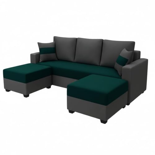 Image of FURNY Aura 5 Seater L Shape Sofa Set with 2 Movable Ottoman | Flexible Left or Right Layout | Plush Velvet Fabric (Greenish Teal-Dark Grey) | Perfect for Living Room, Guest Room & Office
