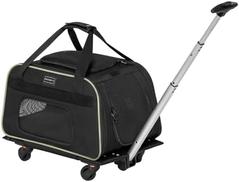Petsfit Cat Carrier with Wheels Airline Approved, Pet Dog Carrier with Wheels for Small Dogs, Rolling Cat Carrier for Large Cats Puppy Stroller Detachable and Foldable Pet Travel Bag, Black&Green