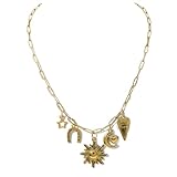 JNF Cute Boho Charm Necklace for Women Paperclip Chain Necklace Sun Moon Star Coin Heart Flower Boot Boho Bow Charms Necklaces (moon charm sun necklace)