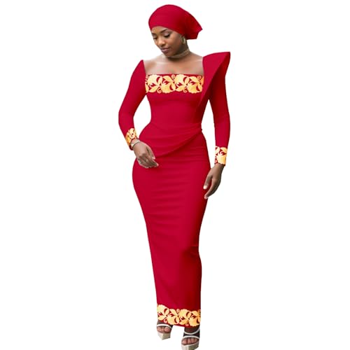 Image of African Dresses for Women High Waist Embroidery Elegant Traditional Midi Dress with Headscarf