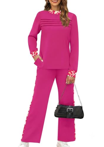 Image of WIHOLL Two Piece Sets for Women Fall Travel Vacation Outfits 2026 Long Sleeve Lounge Sets Side Slit Wide Leg Pants XS-3XL