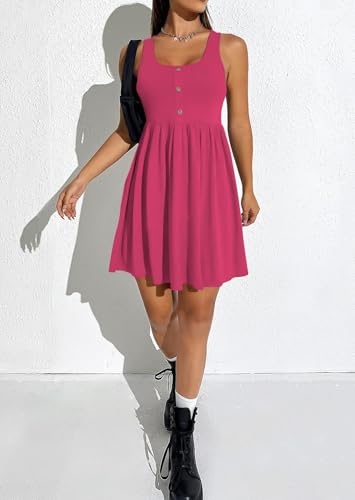Image of BeadChica Women's Summer Tank Dress Sleeveless Scoop Neck Button-Down Sundress Cute Ruffle Hem Swing Mini A-Line Dress
