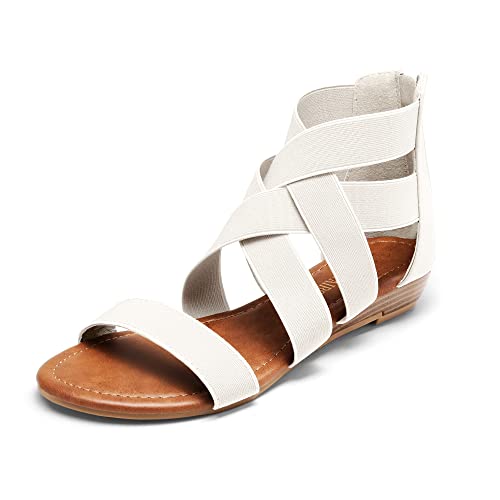 DREAM PAIRS Women's Elastic Ankle Strap Low Wedges Sandals 5.5 White