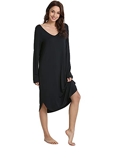 Nachila Women's Long Sleeve Nightgown Soft Nightshirt Bamboo Sleep Shirt Comfy Loungewear Black 4X-Large #TOP26