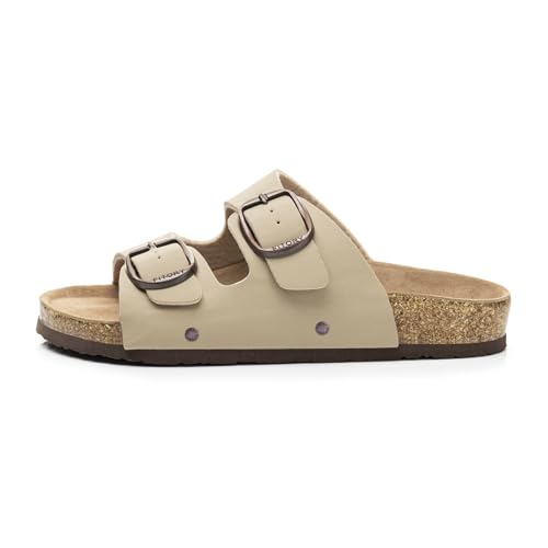 Image of FITORY Womens Flat Sandals with Cork Footbed, Open Toe Arch Support Slides Adjustable Slip On Slippers for Summer 2026 Size 6-11