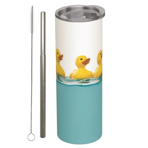 amepay Cute Rubber Duck Stainless Steel Insulated Tumbler with Lid - 20oz Yellow Ducks Travel Mug, Reusable Metal Straw & Brush, Double-Wall Vacuum Bottle Cup for Hot and Cold Drinks,Gifts