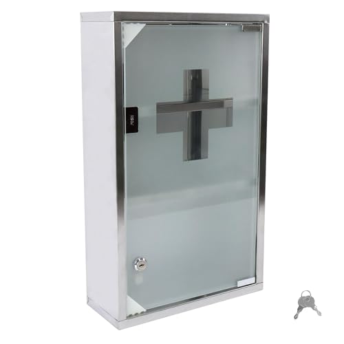 LARS360 Medizinschrank, Abschließbar Medikamentenschrank mit Tür aus Gehärtetem Glas, Rostfreier Arzneischrank für Medikamenten Aufbewahrung & Verbandskasten, 30 x 12 x 50cm (3 Regalen)