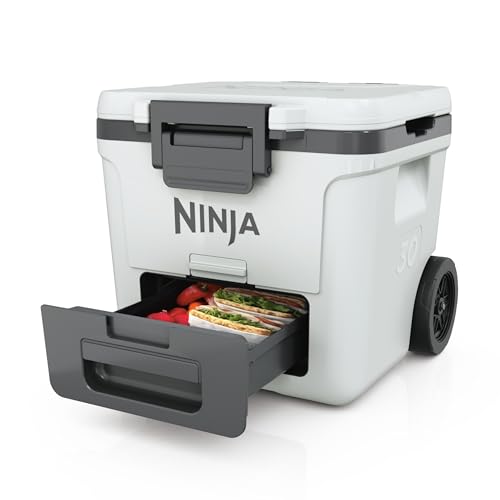 Ninja FrostVault Heavy-Duty Insulated Cool Box, Wheeled Premium Cooler with Dry Zone Integrated Fridge-Temp Dry Storage Drawer, Keeps Ice for Days, Fits up to 48 Cans, Cloud White, FB230EUWH