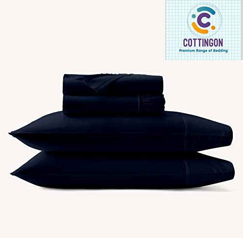 Image of Cottingon 4 PC Split /Flex Top King Sheets Sets for Adjustable Beds, Luxury Microfiber Half Split King Sheets for Sleep Number Beds fits 15 to 18 Inch Deep Mattress, Navy Blue