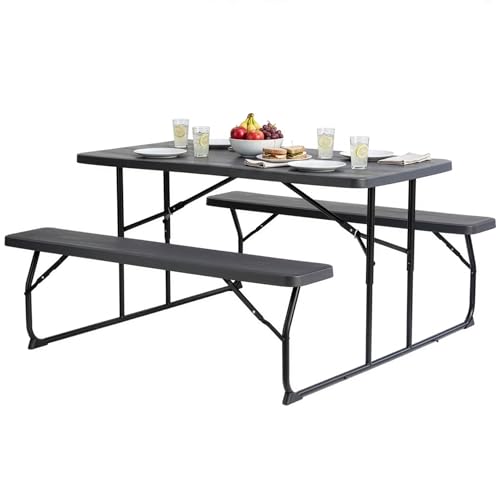Gardenised Gray Folding Picnic Table Set with Benches Woodgrain Plastic Outdoor Dining Table with Steel Frame Portable Foldable Picnic Bench Table for Patio Backyard Camping Park Seats 6