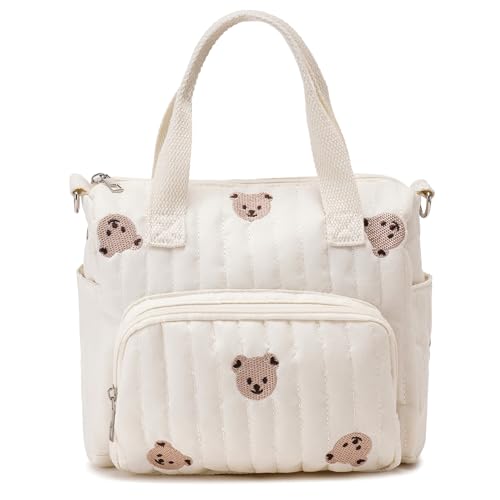 Faticenic Bolso de mano pequeño para pañales, bolso de mano lindo acolchado para bebé con bordado de oso, blanco, 9, 4 × 8, 7 × 4, 3 pulgadas, pañal pequeño, bebé